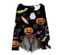 Women's Halloween Long Sleeve Shirt with All-Over Print - Lightweight Waffle Knit Top with Creepy Motifs | Casual Batwing Sleeve Shirt for Autumn, style_c14 black, L