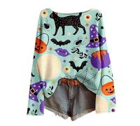 Women's Halloween Long Sleeve Shirt with All-Over Print - Lightweight Waffle Knit Top with Creepy Motifs | Casual Batwing Sleeve Shirt for Autumn, style_c13 teal, XL