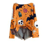 Women's Halloween Long Sleeve Shirt with All-Over Print - Lightweight Waffle Knit Top with Creepy Motifs | Casual Batwing Sleeve Shirt for Autumn, style_c16 orange, M