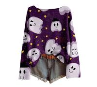 Women's Halloween Long Sleeve Shirt with All-Over Print - Lightweight Waffle Knit Top with Creepy Motifs | Casual Batwing Sleeve Shirt for Autumn, style_c08 purple, M