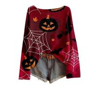 Women's Halloween Long Sleeve Shirt with All-Over Print - Lightweight Waffle Knit Top with Creepy Motifs | Casual Batwing Sleeve Shirt for Autumn, Style_c05 Wine Red, M