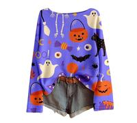 Women's Halloween Long Sleeve Shirt with All-Over Print - Lightweight Waffle Knit Top with Creepy Motifs | Casual Batwing Sleeve Shirt for Autumn, style_c12 purple, XL