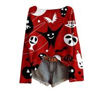 Women's Halloween Long Sleeve Shirt with All-Over Print - Lightweight Waffle Knit Top with Creepy Motifs | Casual Batwing Sleeve Shirt for Autumn, style_c04 red, S