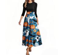 Womens Halloween Maxi Dress UK 2025 Pumpkin Graphic Print Crew Neck 3/4 Sleeve Retro A Line Autumn Cocktail Party Dresses with Belt,Women Summer Dresses Strawberry Dress Long for UK Chiffon,u1041k