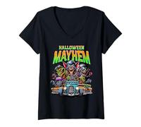 Womens Halloween Mayhem Crazy Monsters Hot Rods Spooky Night V-Neck T-Shirt
