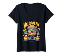 Womens Halloween Monster Burger Walk with Candy Corn V-Neck T-Shirt