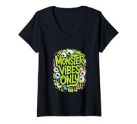 Womens Halloween Monster Vibes Only Eyeballs Spooky Fun V-Neck T-Shirt