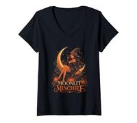 Women's Halloween Moonlit Mischief Witch Pumpkin Coven V-Neck T-Shirt