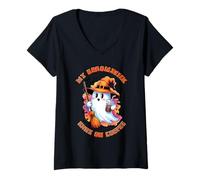 Womens Halloween My Broomstick Runs on Coffee V-Neck T-Shirt