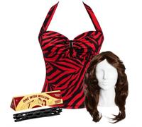 Womens Halloween Obsessed Girl Costume Set Halterneck Top Wig Prop | zebra print top, brown wig, novelty prop, halterneck fit, Halloween costume set
