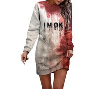 Womens Halloween Outfits,Women’S Halloween Bloodstain Print Long Sleeve Pullover Sweatshirt Dress Cozy Fleece Lined Casual Fall Tunic