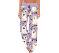 Women's Halloween Pajama Pants Horror Print Leggings High Elasticated Waistband Flared Bootcut Casual Printed Pant Spooky Themed Tracksuit for Plus Size Women Light Blue