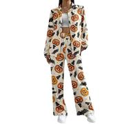 Women's Halloween Pajama Set,Pumpkin Ghost Print Lapel Neck Button Closure Tops+long Pants with Pockets Sleepwear Loungewear (B-01, S)