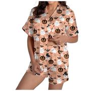 Women's Halloween Pajama Set, Two-Piece Outfits Festival Print Button-Down Collar Shirts and Elastic Waist Shorts Soft Satin Breathable Fabric for Parties Cozy Nights Home Loungewear