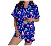 Women's Halloween Pajama Set, Two-Piece Outfits Festival Print Button-Down Collar Shirts and Elastic Waist Shorts Soft Satin Breathable Fabric for Parties Cozy Nights Home Loungewear