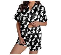 Women's Halloween Pajama Set, Two-Piece Outfits Festival Print Button-Down Collar Shirts and Elastic Waist Shorts Soft Satin Breathable Fabric for Parties Cozy Nights Home Loungewear