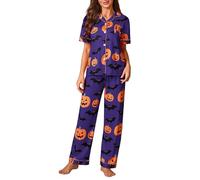 Womens Halloween Pajamas Set Funny Ghost Pumpkin Print 2 Piece Pjs Sets Short Sleeve Button Up Shirts And Wide Leg Trousers Loungewear Lightweight Soft Comfy Sleepwear Nightwear Halloween Costumes
