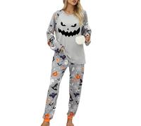 Women's Halloween Pajamas Set Ghost Pumpkin Print Long Sleeve Round Neck Tops with Elastic Waist Long Pants Loungewear (A-Gray, L)