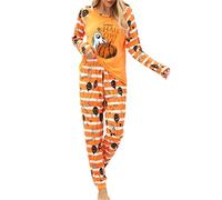 Women's Halloween Pajamas Set Ghost Pumpkin Print Long Sleeve Round Neck Tops with Elastic Waist Long Pants Loungewear (A-Orange, S)