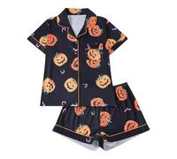 Womens Halloween Pajamas Set Silk Pumpkin Print Short Sleeve Button Down 2 Piece Loungewear Sets Pajamas Set Two Piece Silk Pyjamas for Ladies Button Down Sleepwear Women's Nightwear (08 Black, S)