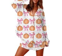 Women's Halloween Pajamas Set Silk Satin Ghost Pumpkin Print Long Sleeve Button Down Shirt 2 Piece Pjs Shorts Sets Loungewear (A-Pink, L)