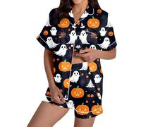 Women's Halloween Pajamas Sets Pumpkin Bat Print Long Sleeve Round Neck Super Soft Warm Comfortable Sleepwear Set Loungewear Costume Festive Holiday Pajama Black