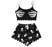 Women's Halloween Pajamas Sets Skull Printed Graphic Short Sleeve Button Down Elastic Waist Pants Silk Pajama Set Sleepwear Loungewear Costume Super Soft Black