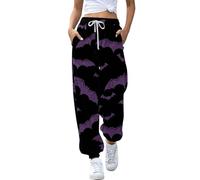 Womens Halloween Pant Funny Ghost Skull Graphic Athletic Trousers with Pockets Comfy Drawstring Gym Tracksuit Bottoms Elastic Waisted Joggers Lounge Pants Loose High Waisted Sports Pants Purple