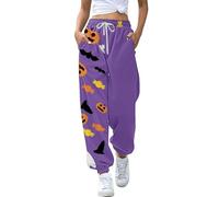 Womens Halloween Pants Funny Ghost Skull Graphic Joggers Trousers with Pockets Casual Drawstring Gym Tracksuit Bottoms High Waisted Sports Pants Loose Elastic Waisted Athletic Lounge Pant Purple