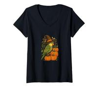 Womens Halloween Parakeet Witch with Pumpkins Spooky Autumn Magic V-Neck T-Shirt