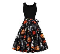 Women's Halloween Party Dresses Women's 50S Vintage Halloween Rock And Roll Sweetheart Neck Long Sleeve A-Line Cocktail Party Swing Dress