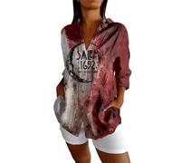 Women's Halloween Party Shirt Blood Spot Print Classic Pleated Texture Button Down Collar Casual Blouse, black, 4XL