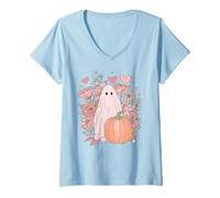 Womens Halloween Pink Ghost Boho Floral Fall Leopard Pink Pumpkin V-Neck T-Shirt