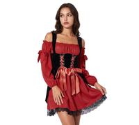 Women's Halloween Pirate Costume Off-Shoulder Ruffle Trim Corset Dress | Role-playing cosplay outfit, cross tie-up front, ruched bust