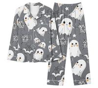 Womens Halloween Pjs Bat Button Down Long Sleeve Tops Bottoms Black Cat Cosy Cotton Loungewear Sleepwear with Pockets Nightwear Skull Pj Long Pants Co Ord Sets, Grey, M