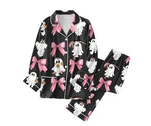 Womens Halloween Pjs Ghost Satin Long Sleeve Set with Long Pants Ladies Pj Spider Web Comfy Sleepwear Button Down Loungewear Nightwear Pumpkin Pajamas Co Ord Sets, Black, L