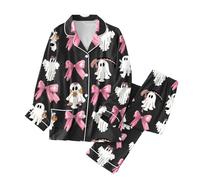 Womens Halloween Pjs Spider Web Classic Button Down Nightwear Long Sleeve Tops Bottoms Pumpkin Satin Pyjamas Sets Loungewear Set Witch Pajamas Long Pants Co Ord Sets, Black, S