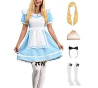 Womens Halloween Princess Costume Aliec Dress Blue White Puff Sleeves Lace Hem Apron Elastic Waist with Wig Socks Headband XL
