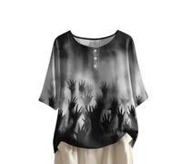 Women's Halloween Print Button Round Neck Short Sleeve T Shirt Short Sleeved Womens Tops with Cute Pumpkin and Ghosts Pattern (XXL)