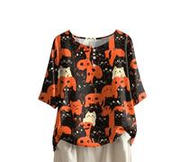 Women's Halloween Print Button Round Neck Short Sleeve T Shirt Short Sleeved Womens Tops with Cute Pumpkin and Ghosts Pattern (11-Gold, XL)