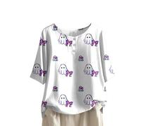 Women's Halloween Print Button Round Neck Short Sleeve T Shirt Short Sleeved Womens Tops with Cute Pumpkin and Ghosts Pattern (11-White, XXL)