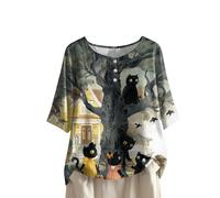 Women's Halloween Print Button Round Neck Short Sleeve T Shirt Short Sleeved Womens Tops with Cute Pumpkin and Ghosts Pattern (12-Beige, M)