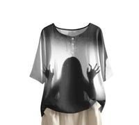 Women's Halloween Print Button Round Neck Short Sleeve T Shirt Short Sleeved Womens Tops with Cute Pumpkin and Ghosts Pattern (13-Beige, S)