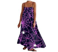 Womens Halloween Print Dress Contrast Spaghetti Straps Summer Outfits Travel Vacation Sleeveless Long Dresses December for Women Holiday Ladies Dress Halloween Prom (Purple, S)