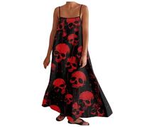 Womens Halloween Print Dress Contrast Spaghetti Straps Summer Outfits Travel Vacation Sleeveless Long Dresses December for Women Holiday Ladies Dress Halloween Prom (S) Wine