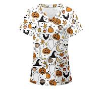 Womens Halloween Print Scrub Tops Workwear Uniforms Short Sleeve V-Neck Scrub Tops with Pockets Scrubs Tops for Women Tunic Trendy Plus Size Healthcare Casual Pumpkin Ghost Uniform Work Shirt Top UK