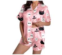 Women's Halloween Print Short Sleeve Pyjama Set Shorts for Cosy Hours at Home on Summer Nights with Soft Fabric Comfortable Fit for Restful Sleep Relaxation After a Long Time, Light pink, M