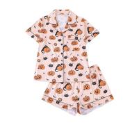 Women's Halloween Printed Collar Short Sleeve and Shorts Pyjama Set European and Style, Light pink, S