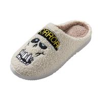 Women's Halloween Printed Slippers Scary Ghost Print Plush Slippers Skull Skeleton House Slippers Plush Fluffy Soft Slippers Warm Cotton Slippers Comfortable Fuzzy Slides, J White, 4 UK