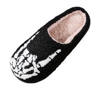 Women's Halloween Printed Slippers Scary Ghost Print Plush Slippers Skull Skeleton House Slippers Plush Fluffy Soft Slippers Warm Cotton Slippers Comfortable Fuzzy Slides, H Black, 8.5 UK